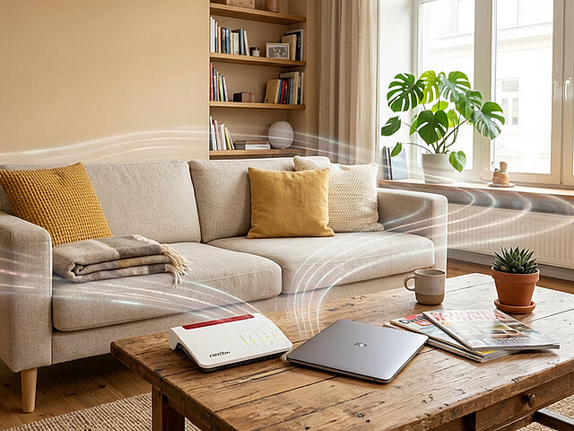 Wohnzimmer mit Sofa, Pflanzen und einem WLAN-Router auf dem Tisch