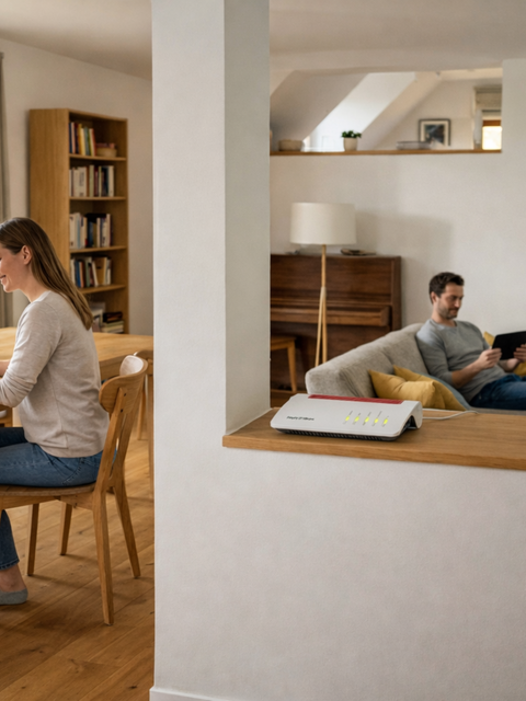 Familie nutzt gleichzeitig digitale Geräte in einem vernetzten Zuhause.