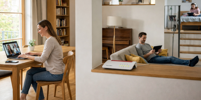 Familie nutzt gleichzeitig digitale Geräte in einem vernetzten Zuhause.