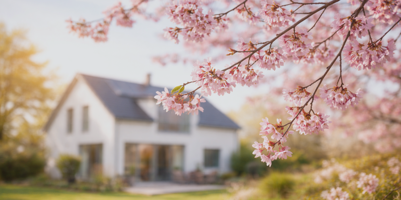 Zarte rosa Kirschblüten im Vordergrund, dahinter ein modernes Einfamilienhaus mit Garten in warmem Frühlingslicht. Das Bild vermittelt eine helle, freundliche Atmosphäre und steht für einen frischen Start in die neue Saison.