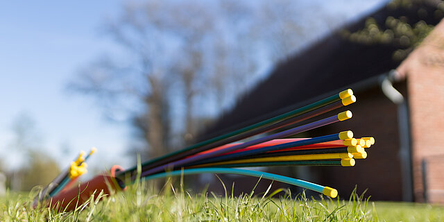 Nahaufnahme farbiger Glasfaserkabel auf einer Wiese vor einem ländlichen Gebäude.