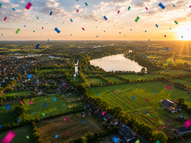 Eine Luftaufnahme zeigt eine ländliche Region mit einem See im Abendlicht, über der buntes Konfetti schwebt und eine festliche Stimmung vermittelt.