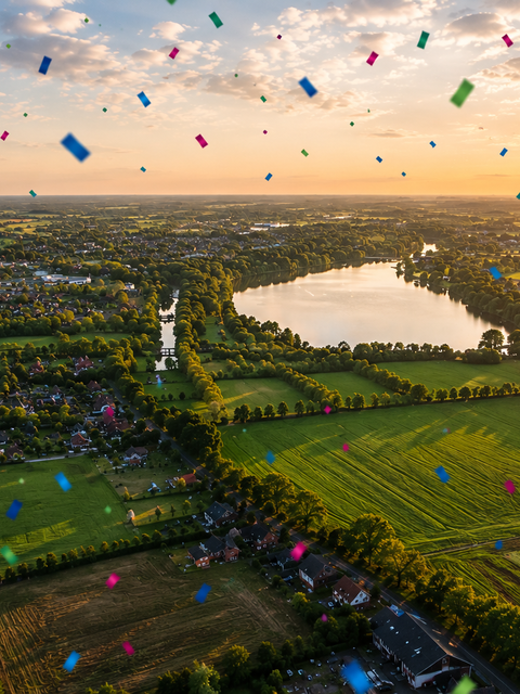 Eine Luftaufnahme zeigt eine ländliche Region mit einem See im Abendlicht, über der buntes Konfetti schwebt und eine festliche Stimmung vermittelt.